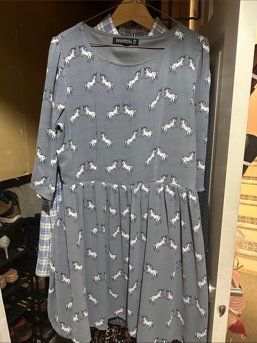Sugarhill Brighton Grey Unicorn Print Long Sleeve Tiered Dress